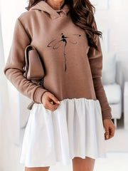 Dragonfly Print Hooded Dress Casual Long Sleeve Stitched Dress