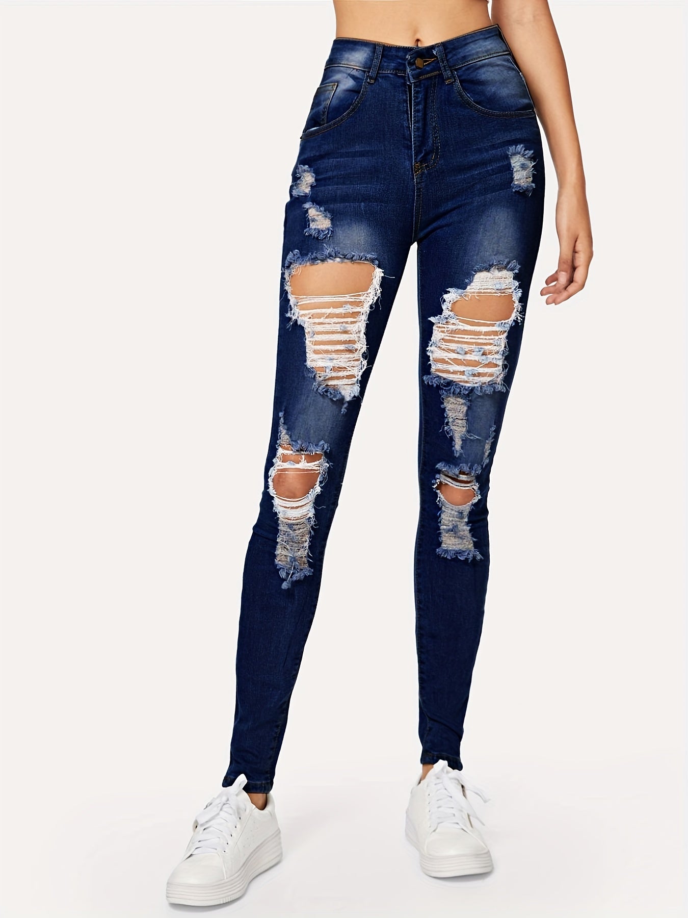Distressed High Stretch Skinny Jeans Slim Fit Denim Pants