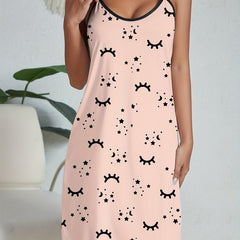 Eyelash Print Nightdress Crew Neck Spaghetti Strap Sleep Dress Women's Sleepwear
