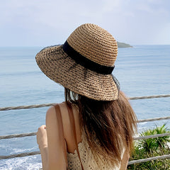 Mesh Straw Sun Hat Crochet Breathable Bucket Hat Wide Brim Foldable