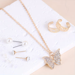 Golden Butterfly Pendant Necklace Rhinestone Earrings Ring Pearl Jewelry Set