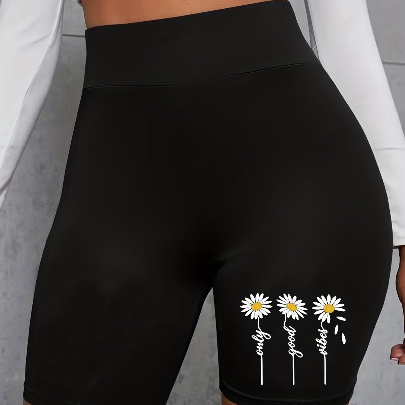 Daisy Print High Waist Short Leggings Sports Casual Summer Biker Shorts