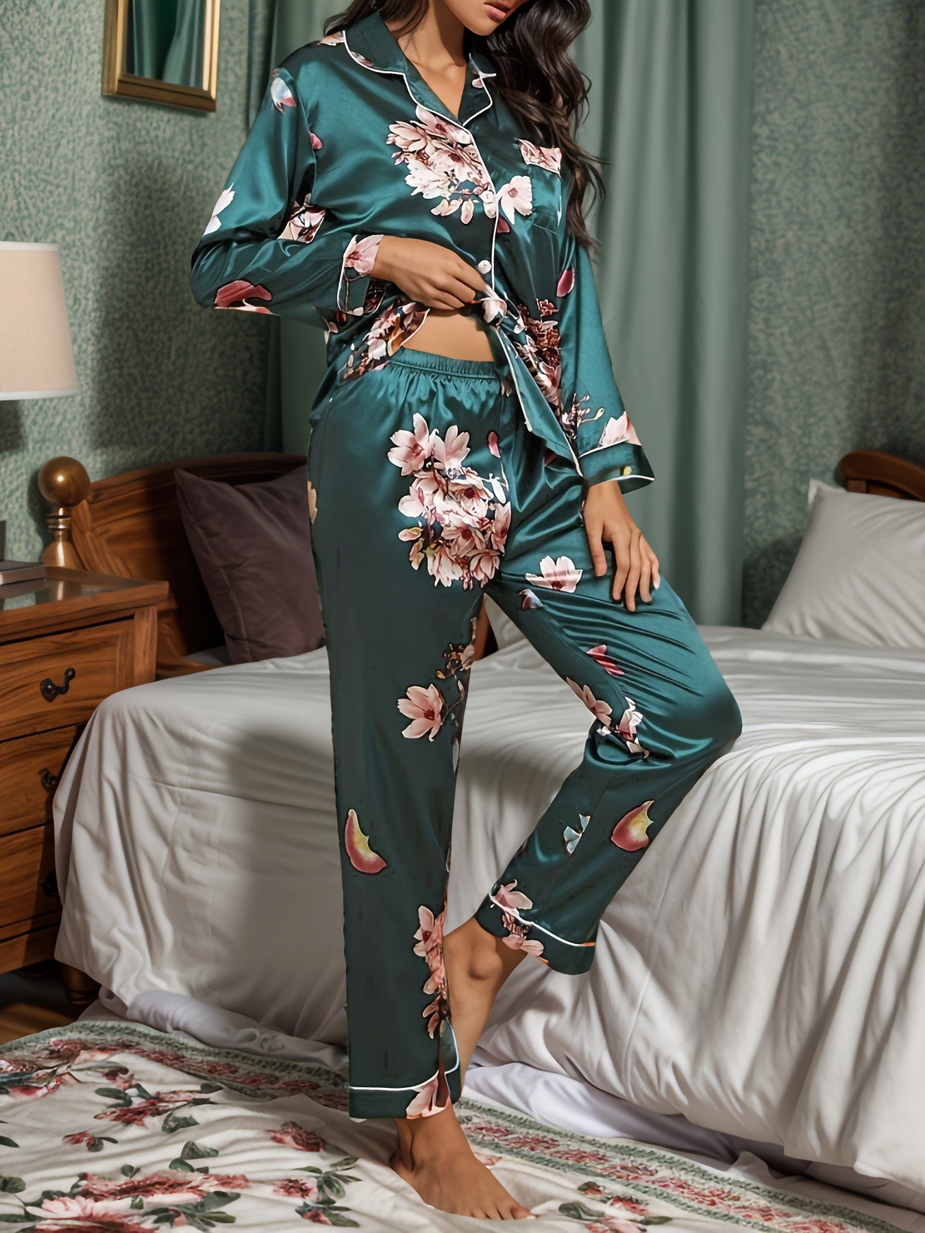 Floral Print Pajama Set Long Sleeve Top & Pants