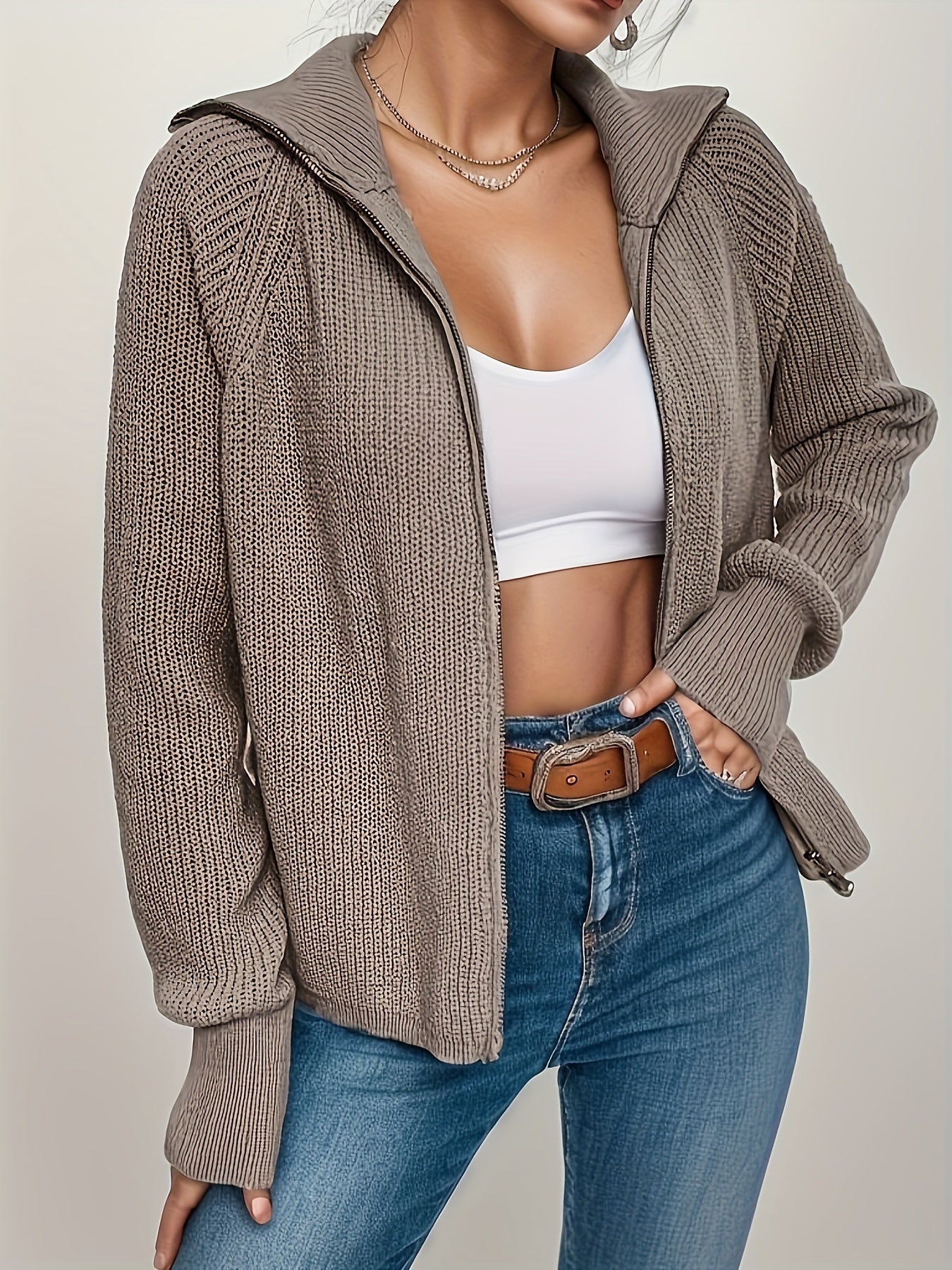 Solid Zip Up Hooded Knit Cardigan Long Sleeve Sweater