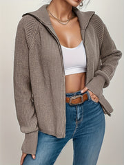 Solid Zip Up Hooded Knit Cardigan Long Sleeve Sweater