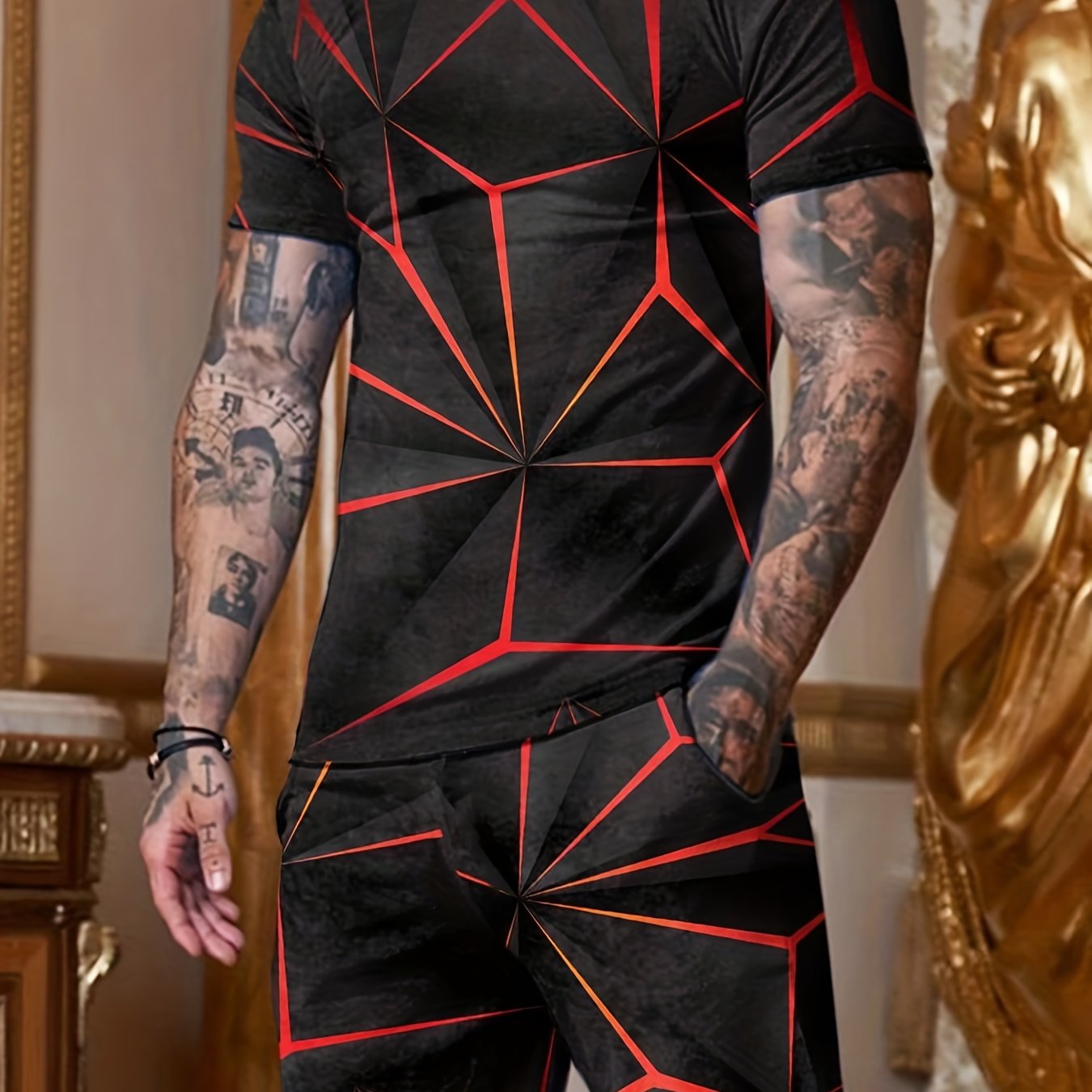3D Print Men's 2Pcs Casual Short Sleeve T-shirt & Drawstring Shorts Set