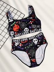 Gothic Underwear Set Skull & Spiderweb Print Bra & Panty Two Piece