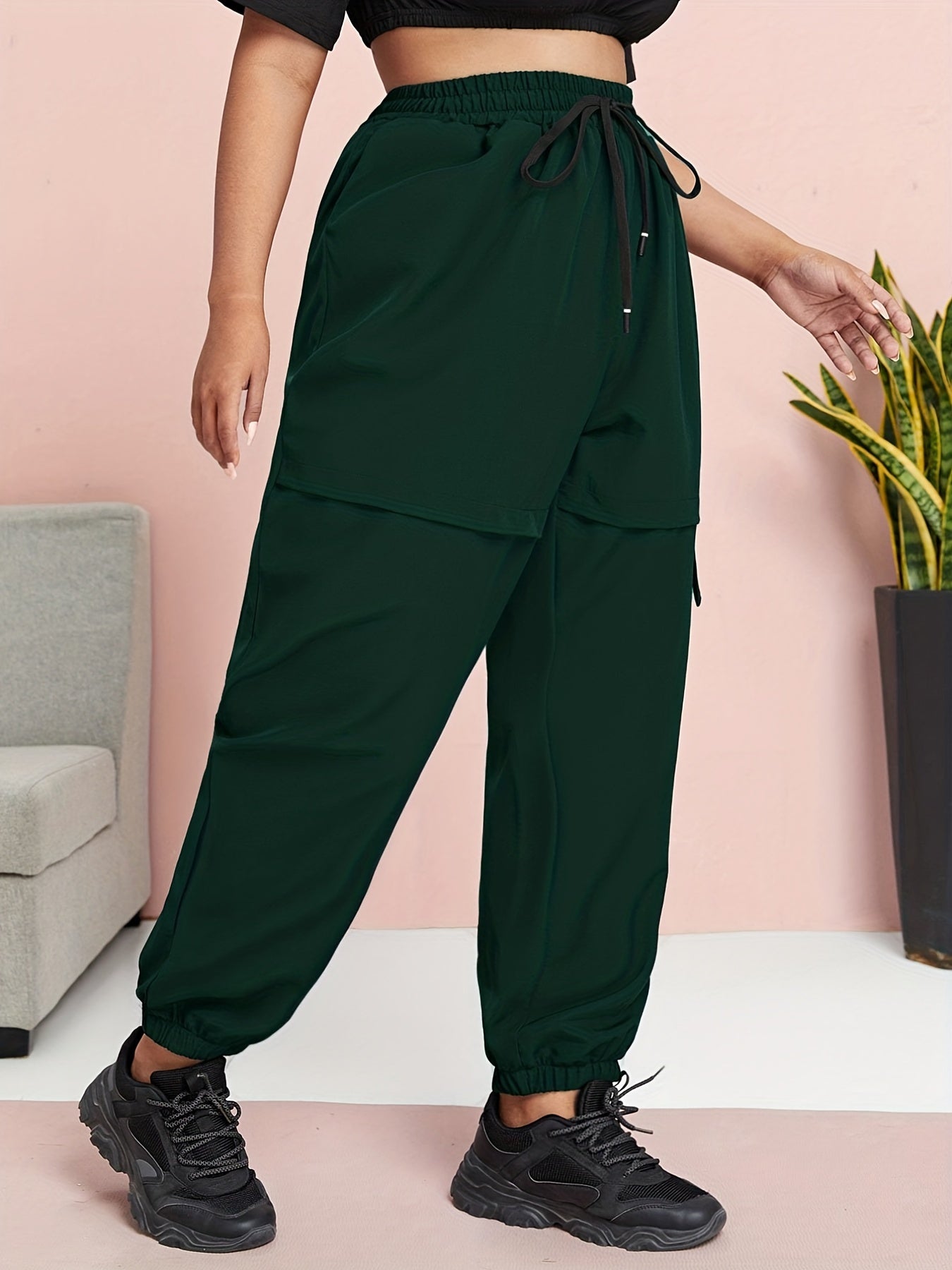 Solid Elastic Waist Cargo Joggers Cropped Pants