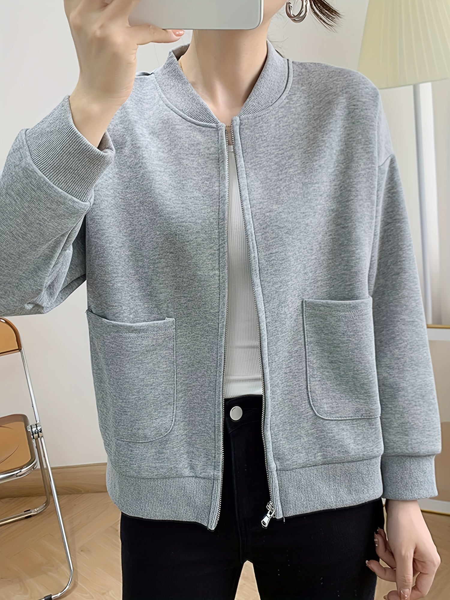 Baseball Neck Solid Jacket Casual Zipper Long Sleeve Outerwear