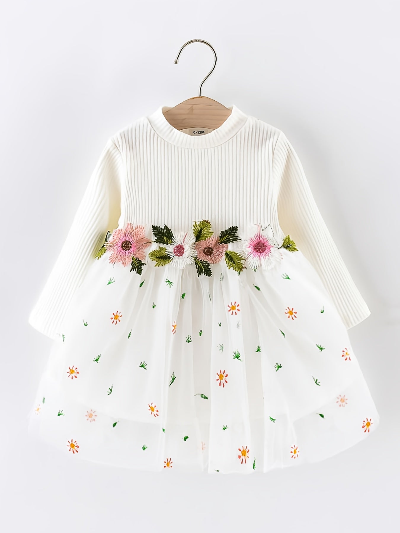 Baby Girl Ribbed Long Sleeve Floral Embroidered Mesh Dress