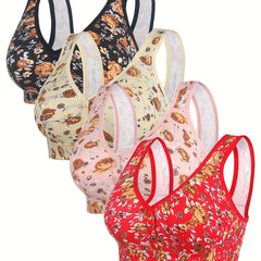 4pcs Wireless Floral Print Front Buckle Bras Women's Lingerie