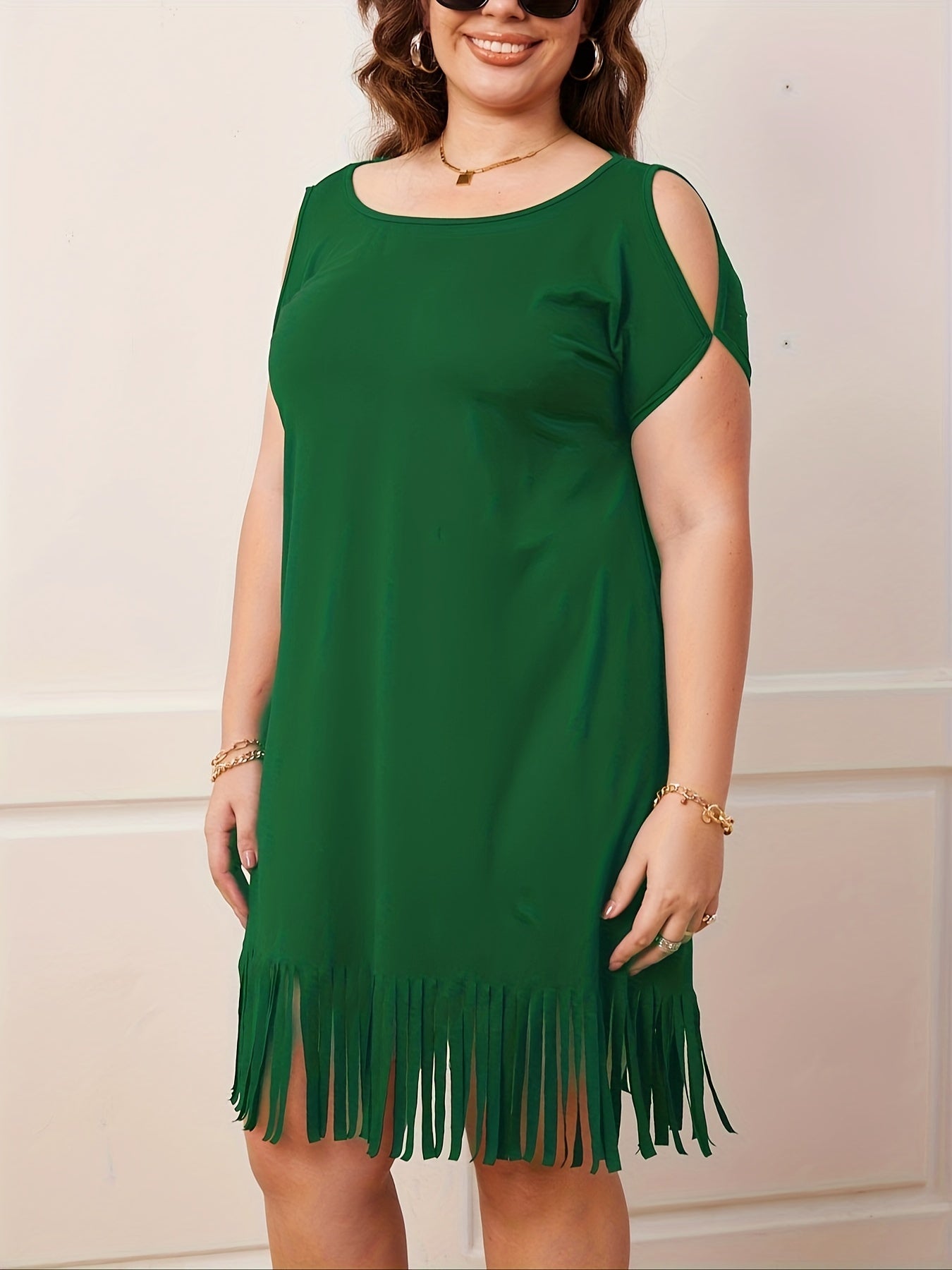 Casual Dress Women's Fringe Trim Cut Out Sleeve Round Neck