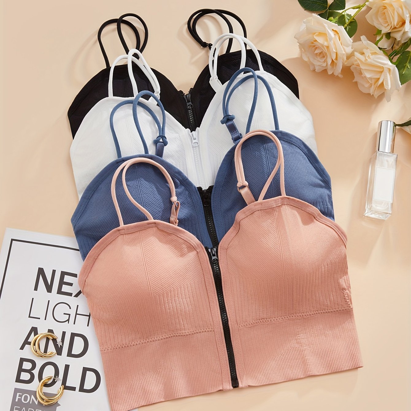 4pcs Wireless Zipper Bras Push Up Lingerie & Underwear