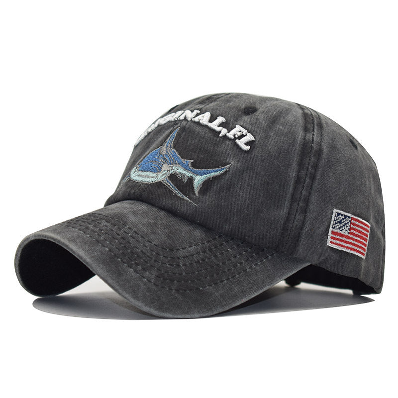 Distressed Shark Embroidery Baseball Cap Vintage Sun Hat