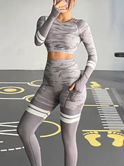Camouflage Striped Long Sleeve Crop Top & Sports Set Suit