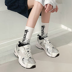 Breathable Athletic Socks Letter Block Crew Socks