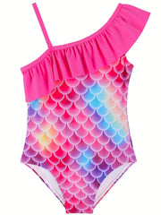 Girls' Mermaid Swimsuit with Fish Scale Graphic and Ruffled Trim