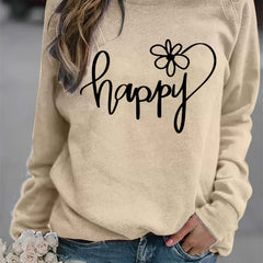 Happy Print Sweatshirt Crew Neck Women's Clothing