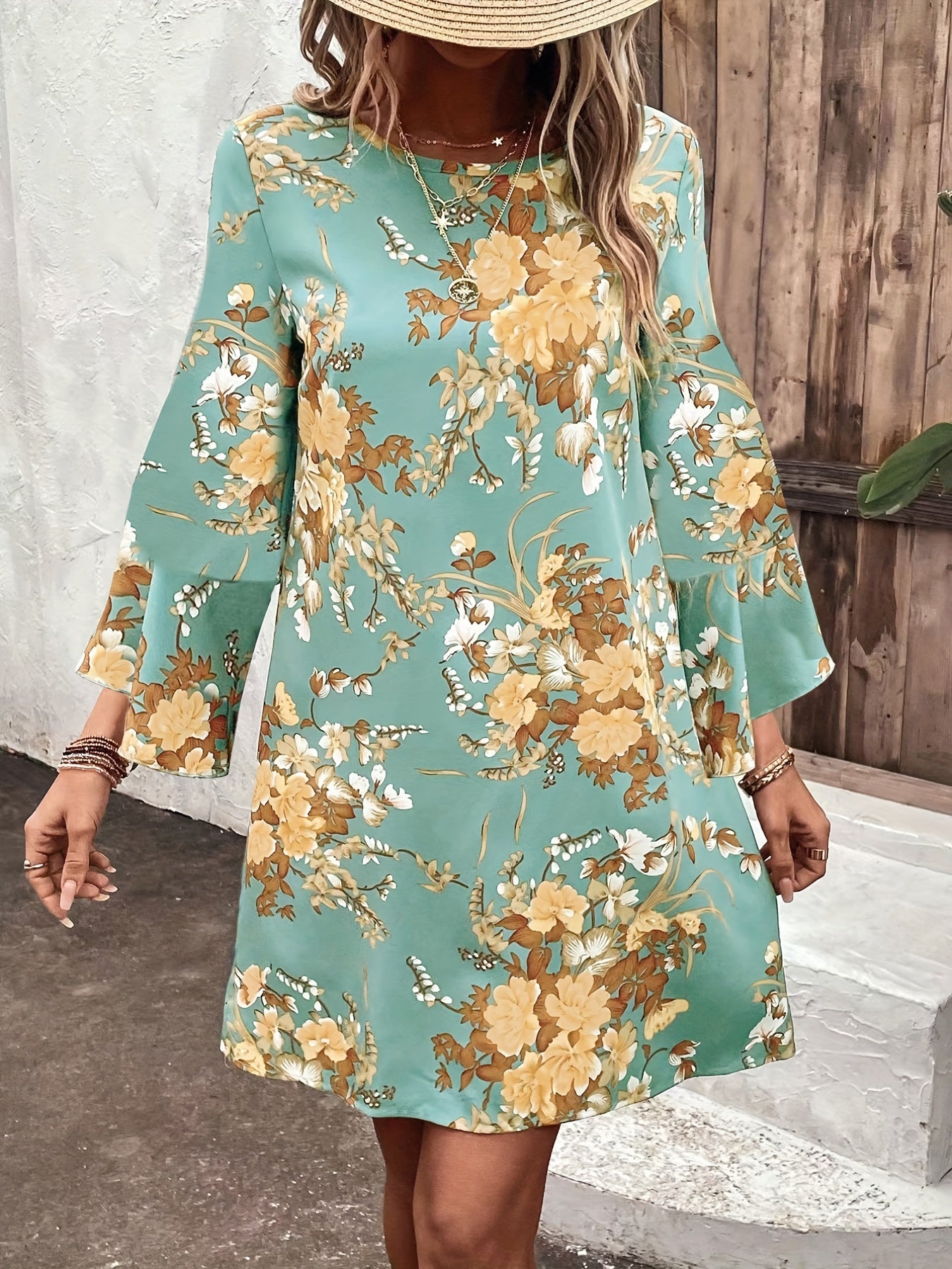 Boho Dress Women's Plus Floral Print Bell Sleeve Cut Out Back Dress