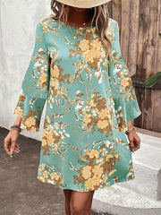 Boho Dress Women's Plus Floral Print Bell Sleeve Cut Out Back Dress