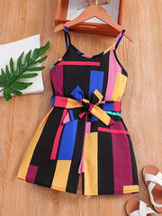 Girls Cami Romper Block Geometry Print Jumpsuit With Belt