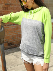 Two Tone Stitching Hooded Shirt Long Sleeve Drawstring Casual Pullover Top