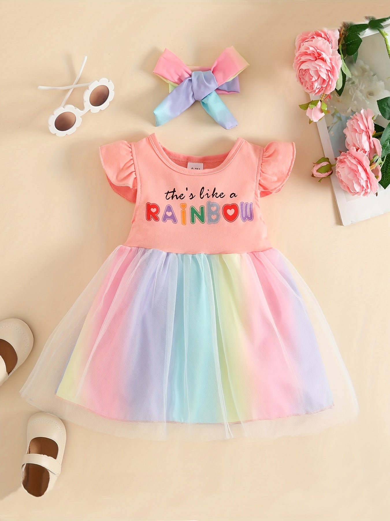2pcs Baby Girls Rainbow Mesh Dress & Headband Set