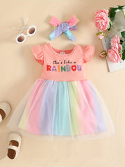 2pcs Baby Girls Rainbow Mesh Dress & Headband Set