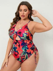 Floral Print Cut Out Drawstring One Piece Swimsuit