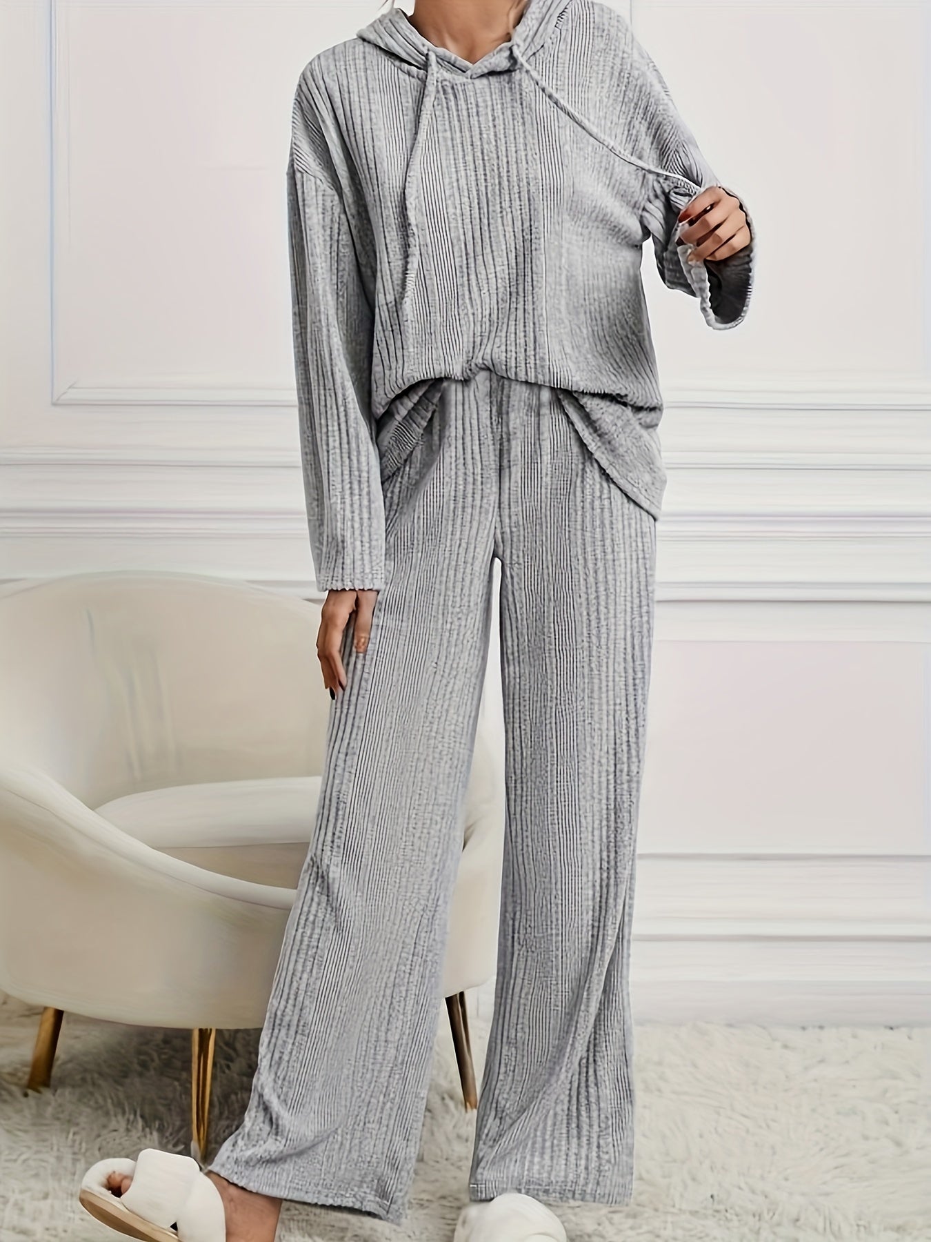 Solid Ribbed Hooded Top & Wide Leg Pants Set