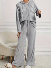 Solid Ribbed Hooded Top & Wide Leg Pants Set