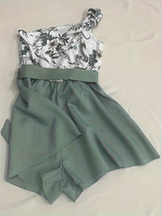 Floral Print One Shoulder Belted Romper Jumpsuit Casual Sleeveless