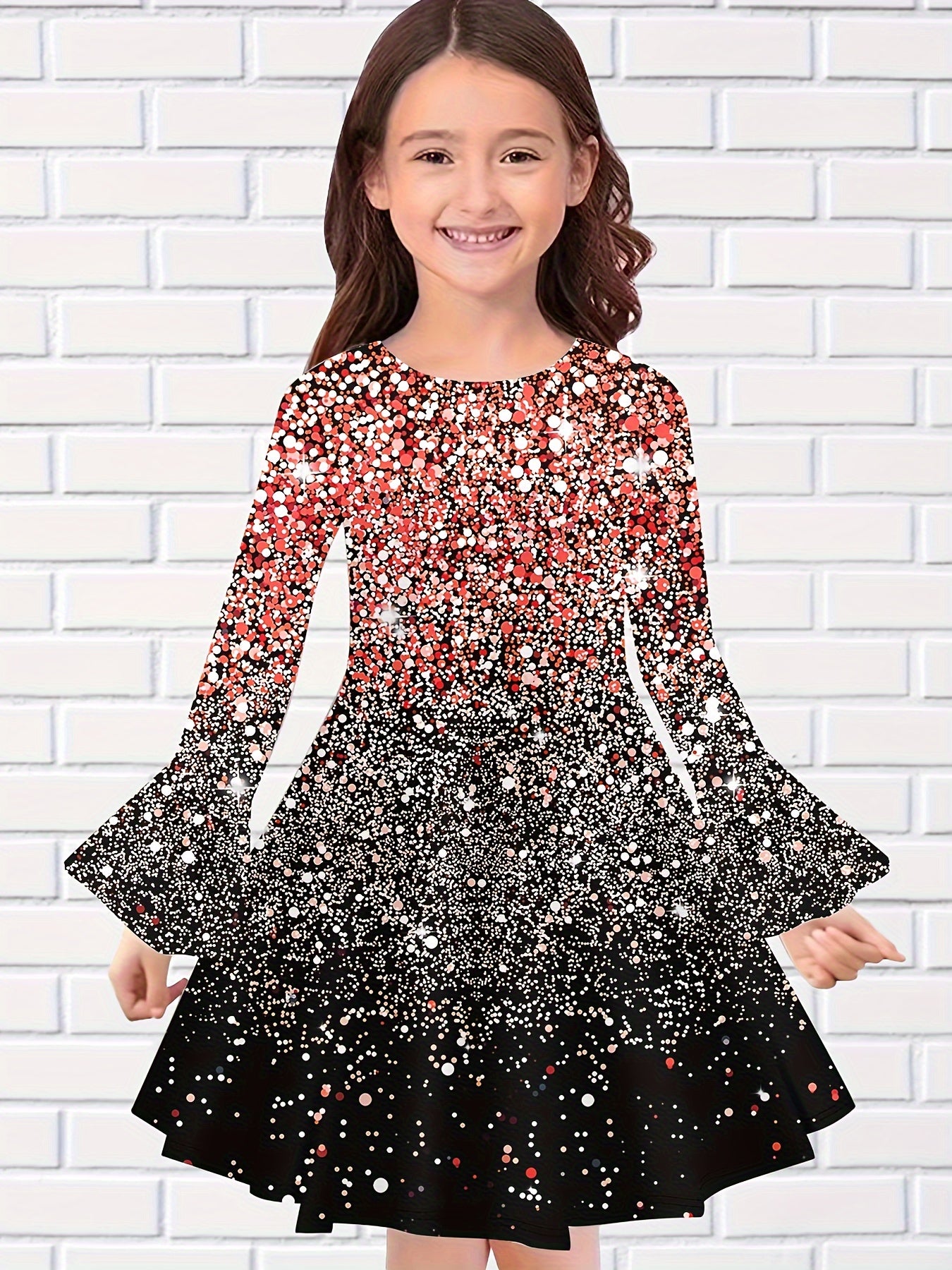Girls Sequin Print Long Sleeve Dress Spring Fall Gift