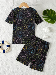 Boys Cartoon Face Print Pajamas Set
