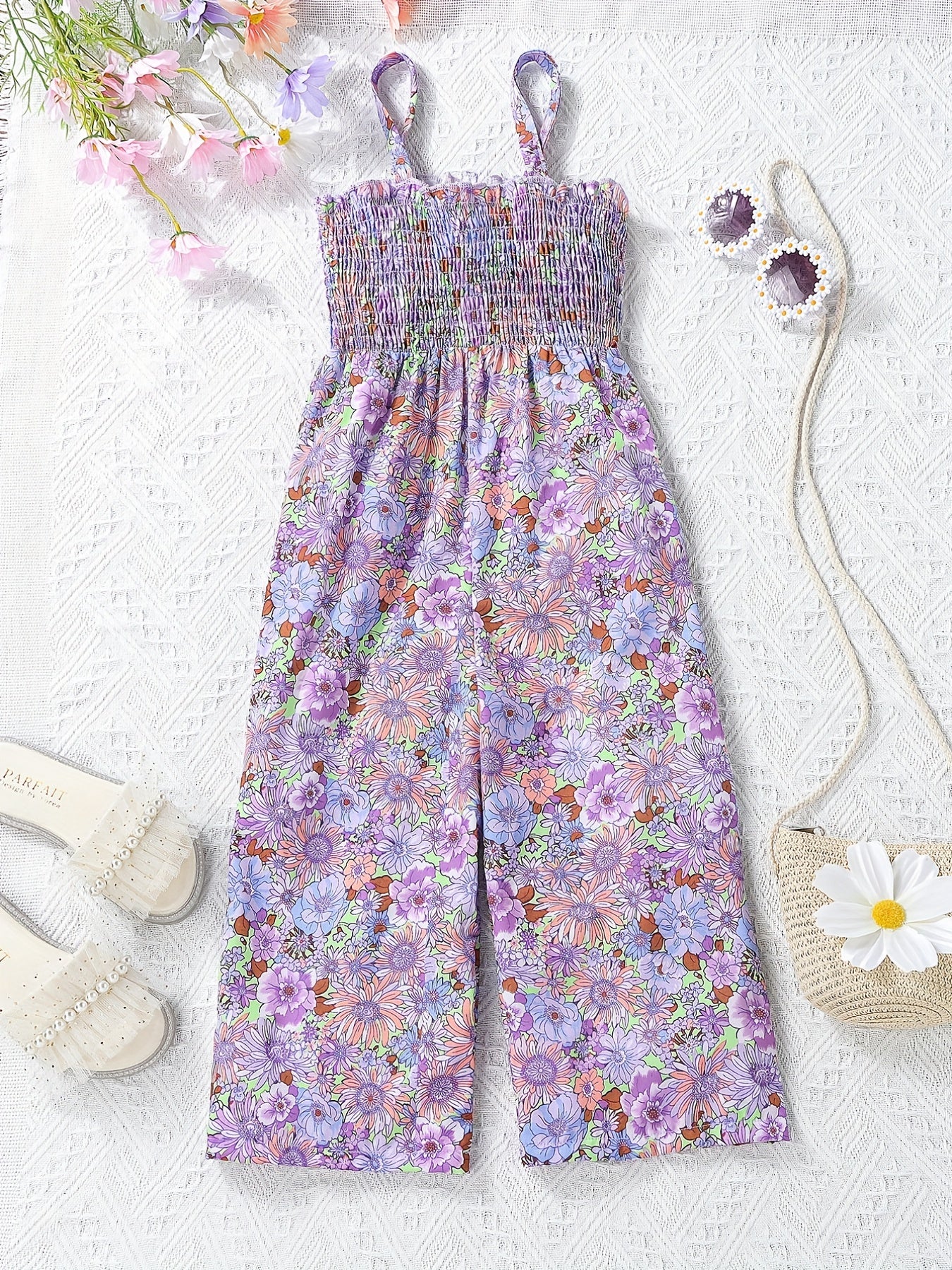 Girls Boho Flower Print Shirred Cami Jumpsuit For Party