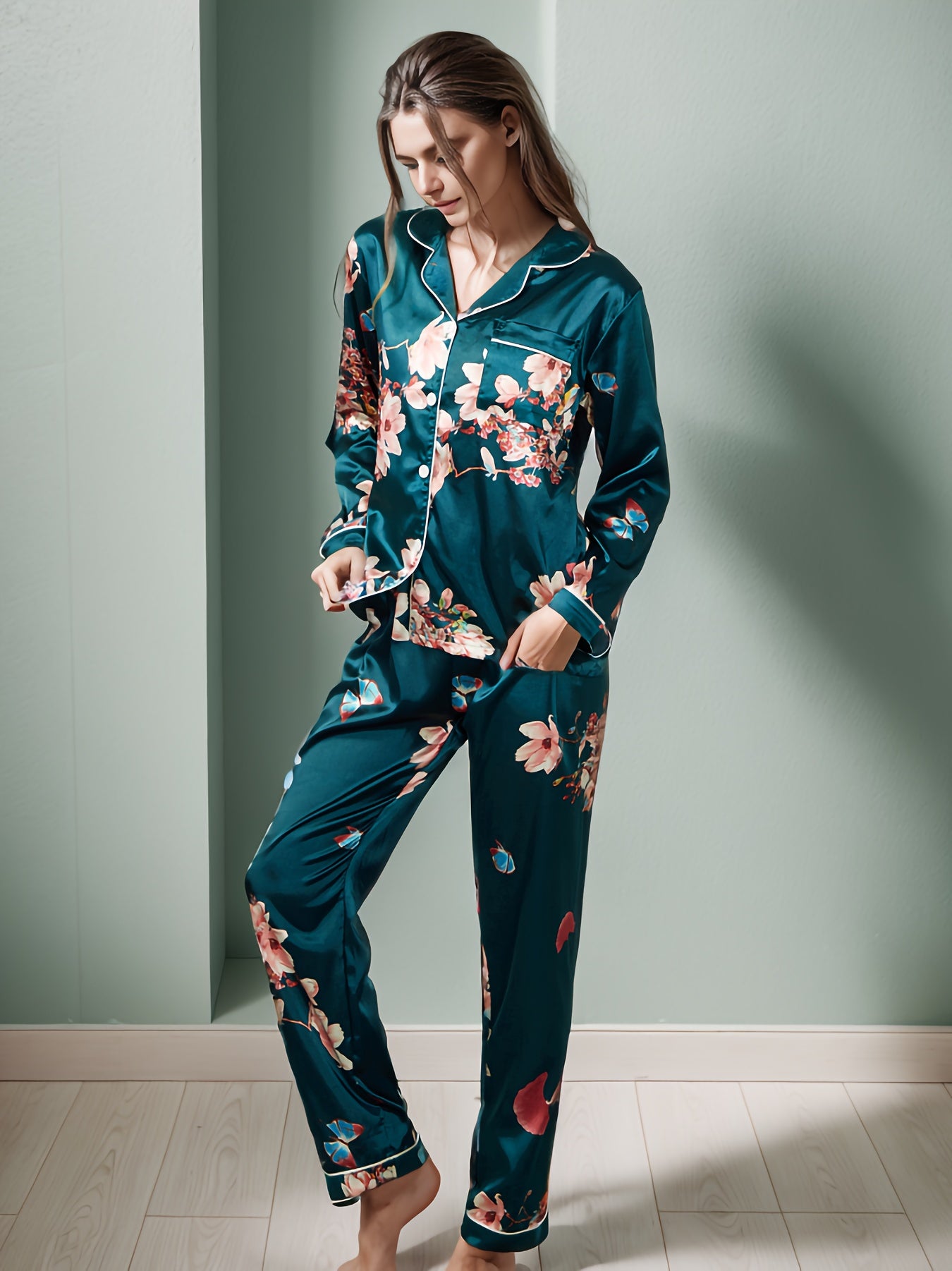 Floral Satin Pajama Set Long Sleeve Top & Pants