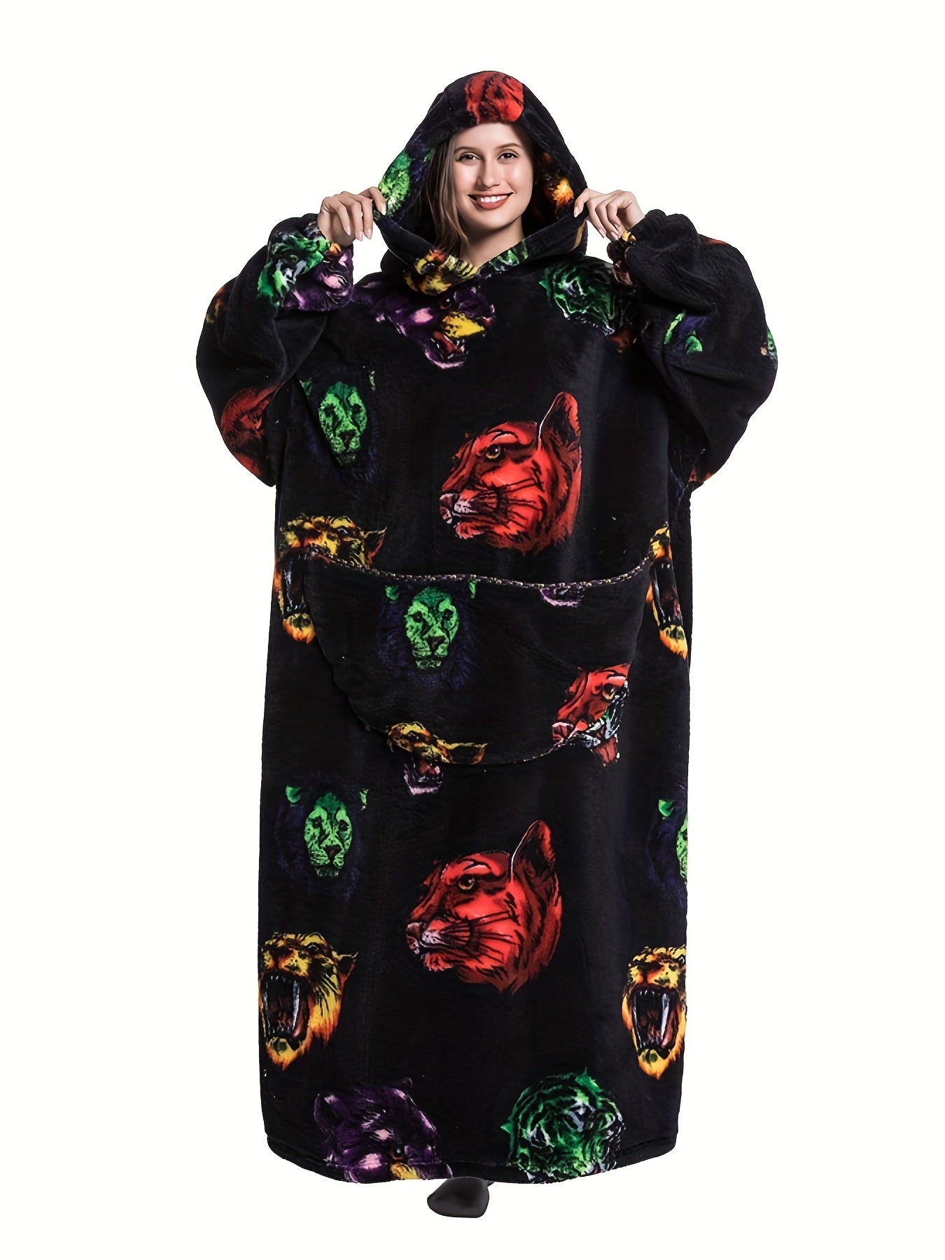 Cartoon Animal Print Hooded Robe Warm & Comfy Long Sleeve Lounge Robe