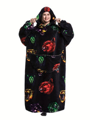 Cartoon Animal Print Hooded Robe Warm & Comfy Long Sleeve Lounge Robe