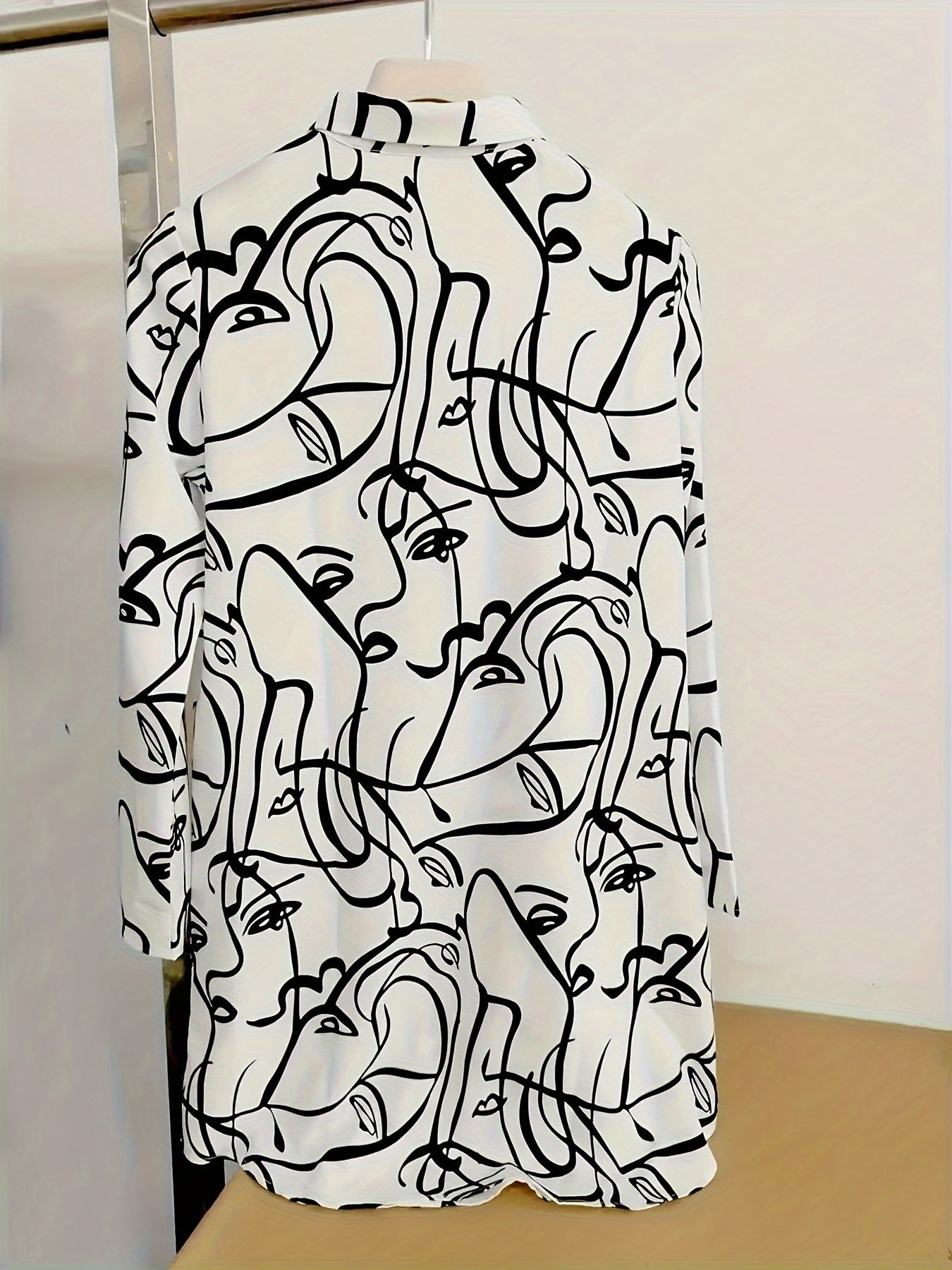 Abstract Face Print Long Sleeve Button Up Tunic Shirt