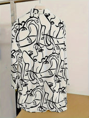 Abstract Face Print Long Sleeve Button Up Tunic Shirt