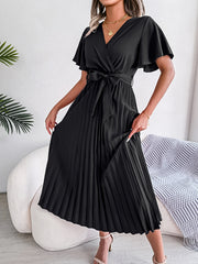 High Waist Pleated Maxi Dress Tie Up Ruffled Sleeve Loose Dress
