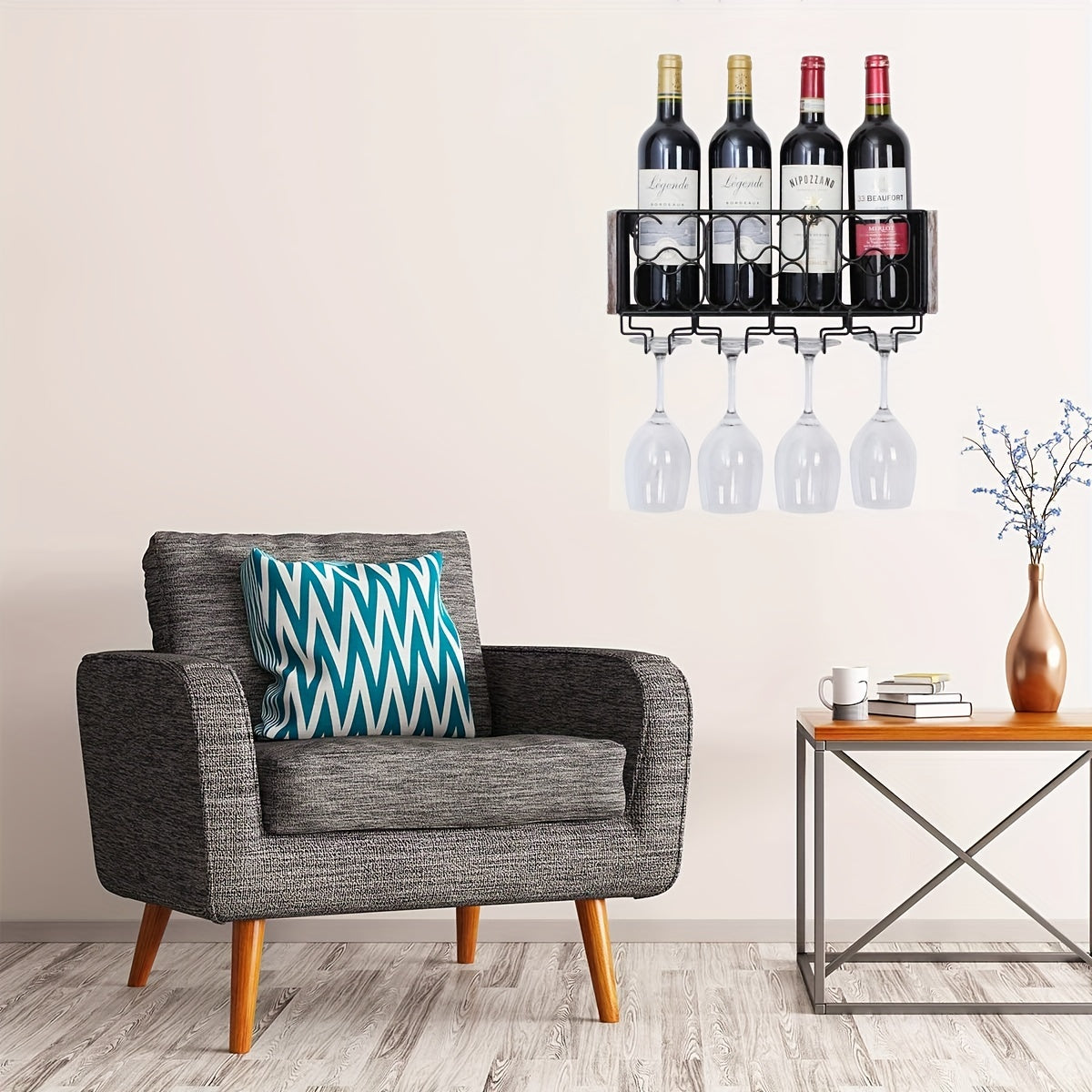 Wall Mounted Wine Rack For 4 Glasses Metal Bottle Holder Rustic Floating Shelf