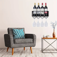 Wall Mounted Wine Rack For 4 Glasses Metal Bottle Holder Rustic Floating Shelf