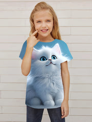 3D Cat Graphic Short Sleeve T shirt For Girls - Summer Sports