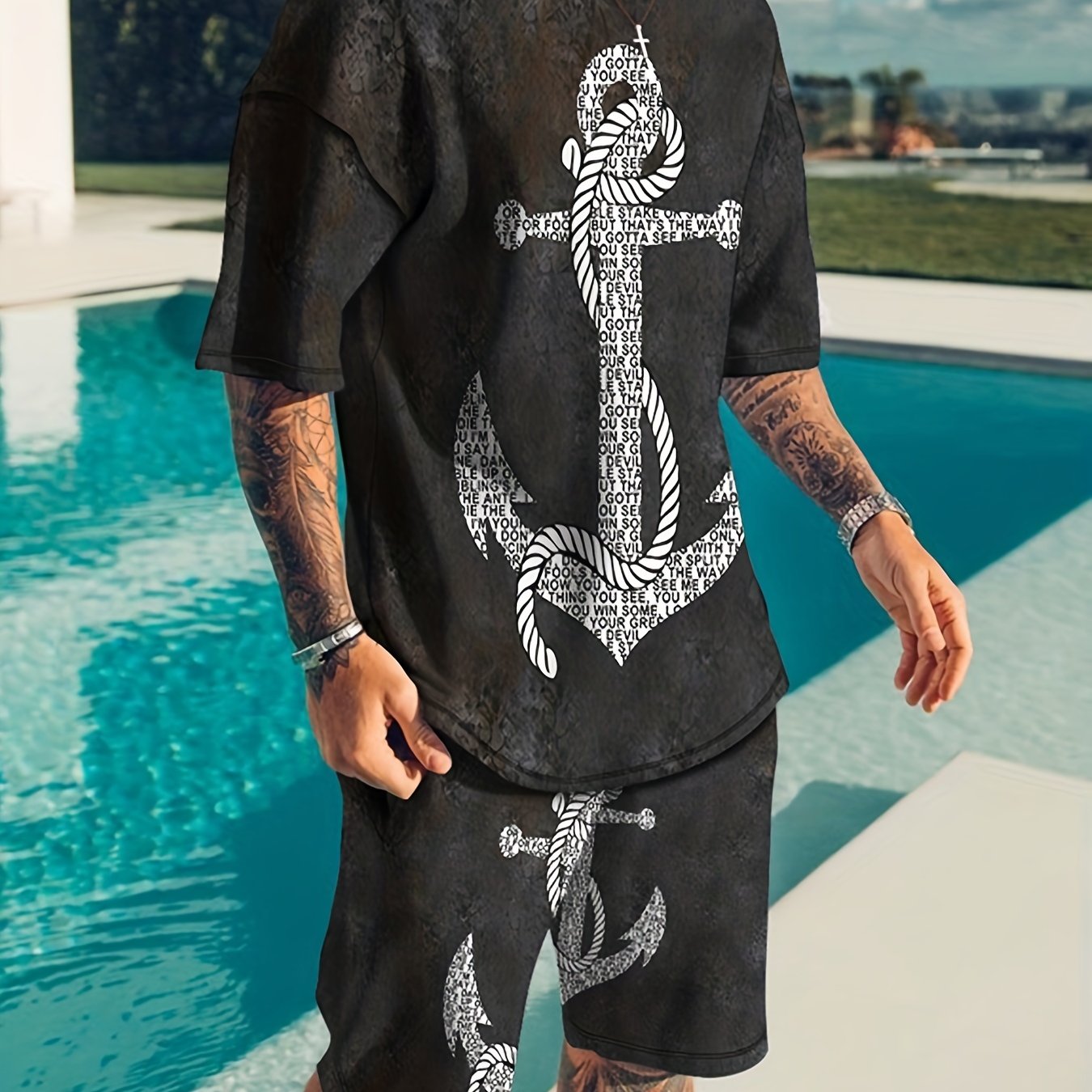Retro Anchor Print Men's 2Pcs Outfits Crew Neck T shirt And Drawstring Shorts