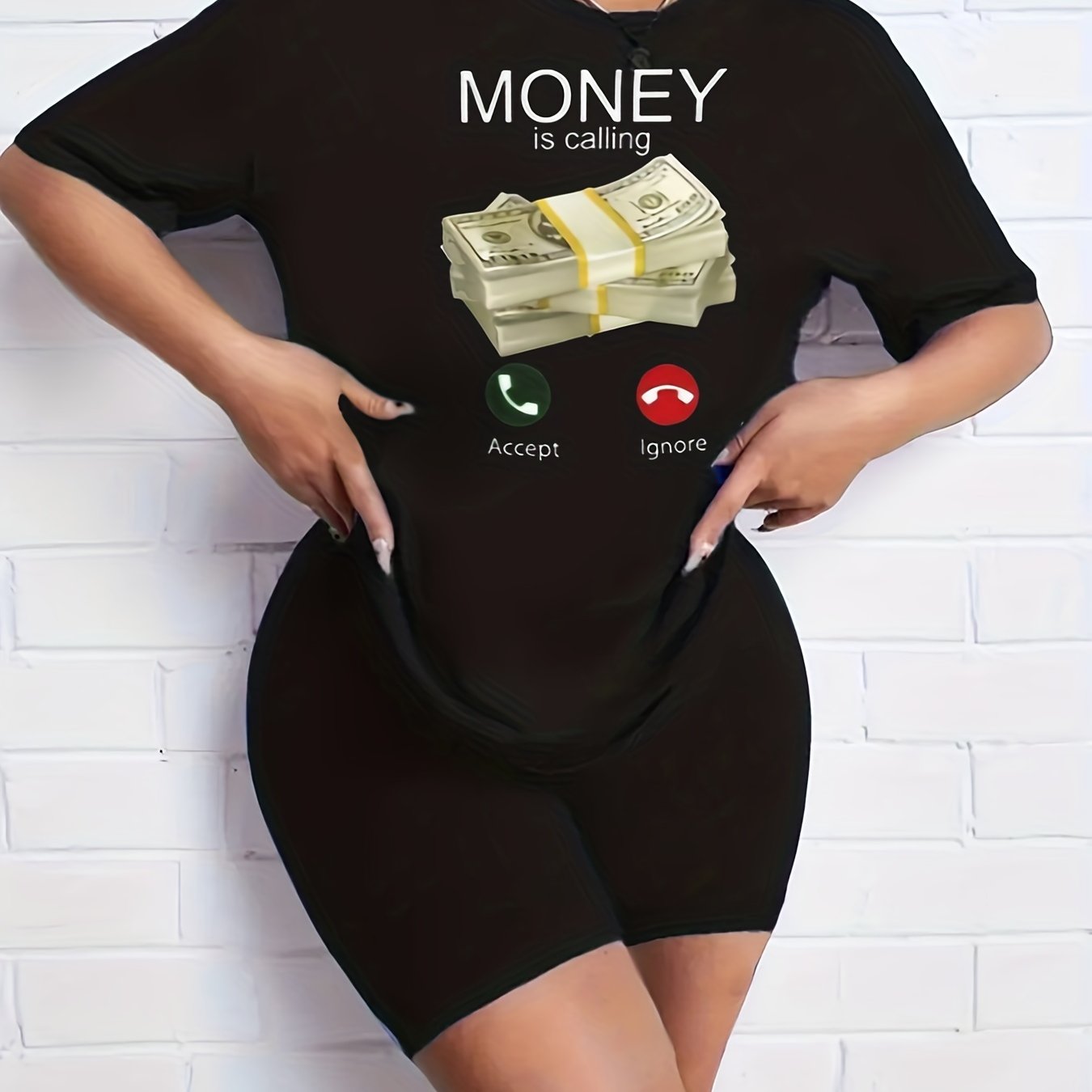 2pcs Money Graphic Crew Neck T-shirt & Solid Shorts Women's Activewear Set