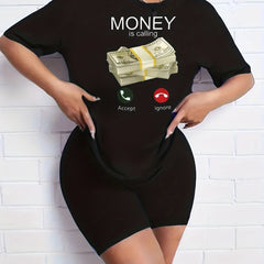 2pcs Money Graphic Crew Neck T-shirt & Solid Shorts Women's Activewear Set