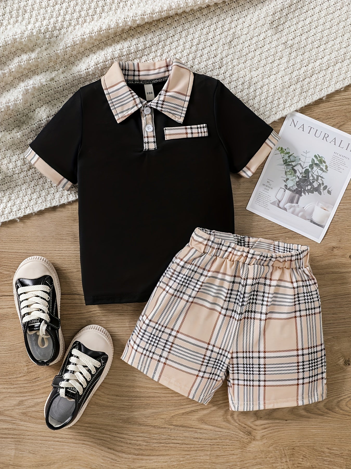 Boys Casual Outfit Polo Shirt & Plaid Shorts For Summer Kids