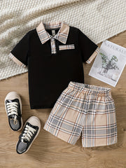 Boys Casual Outfit Polo Shirt & Plaid Shorts For Summer Kids