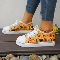 Women's Pumpkin & Cat Print Flats Halloween Lace Up Low Top Canvas Sneakers
